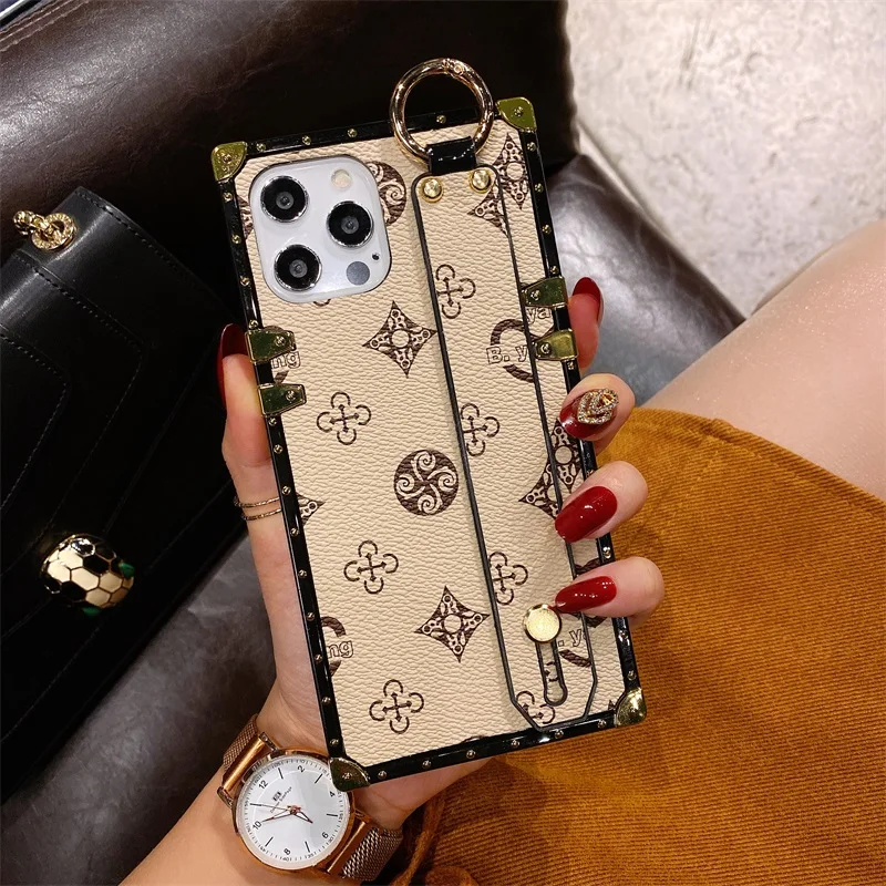 Luxury Wrist Strap Holder Square Phone Case For IPhone 12 11 Pro MAX X XS  XR 7 8 6s Plus SE 2020 Fashion Geometric Leather Cover