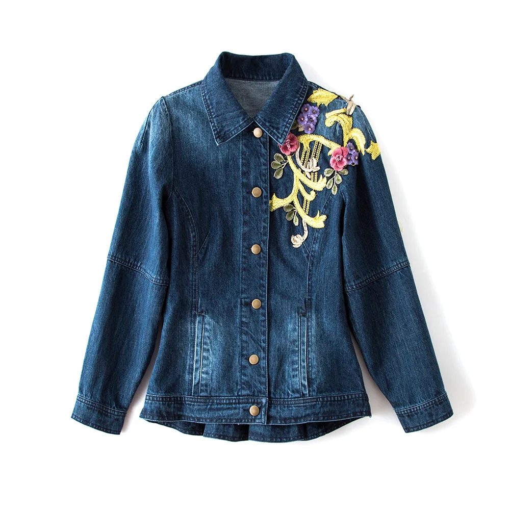 

Embroidery Waist Hugging Long Sleeve Jeans Coat Zb15