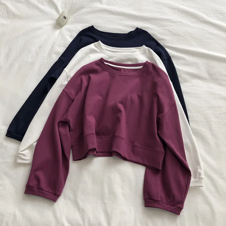 

A Line Vintage Short Loose Thin casual Sweatshirt Long Sleeve Women Spring Autumn O-Neck Cotton Pullovers