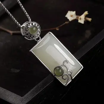 

New silver inlaid natural Hetian Jasper geometric Pendant Necklace Chinese classical pattern minority design women's jewelry