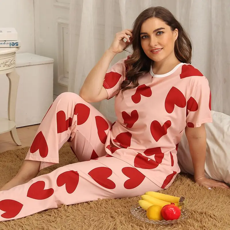 Плюс Размер XL-4XL Пижама Женщины Сердце печати Cute Night Suit 2020 весна лето с коротким