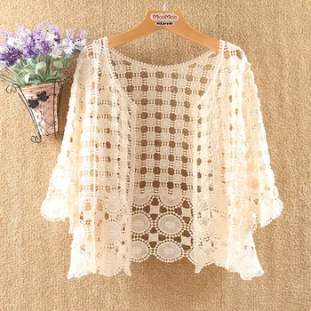 

Women Summer Kimono Cardigan Sunproof Blouse Boho Beach Lace Hollow Out Sunscreen Outwear Casual 3/4 Sleeve Short Shirt Cardigan