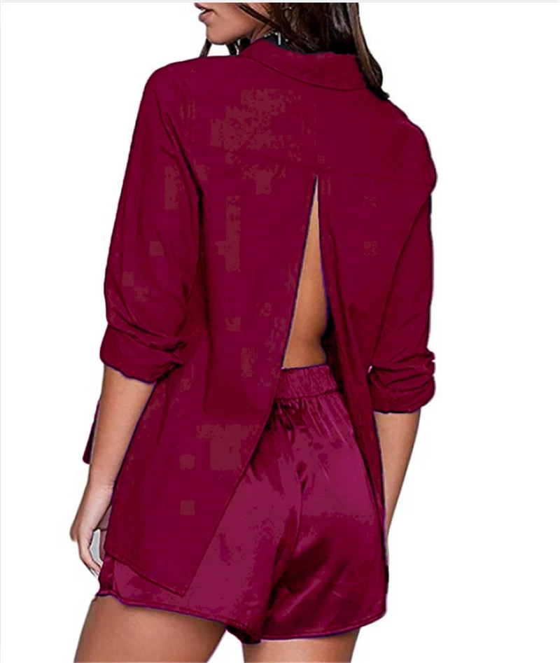 Женская Офисная Свободная рубашка с длинным рукавом и открытой спиной, пуговицы для блузки, топы - Цвет: Красный