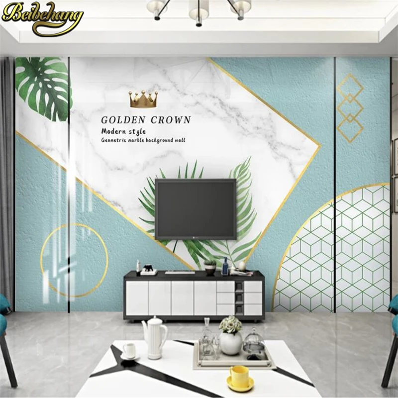 

beibehang custom Modern minimalist geometric marble tropical leaf wallpaper for living room TV sofa background mural wall paper