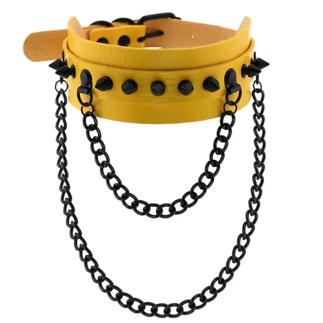 Gothic  Spike Choker Chain Collar Gothic Fashion Rivet black Leather Chokers Harajuku Grunge Goth necklace girls witch cosplay yellow