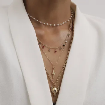 

Europe and America Ornament Elegant Tassels round Beads Multilayer Necklace Women's Cool Fox Stereo Lightning Pendant Necklace