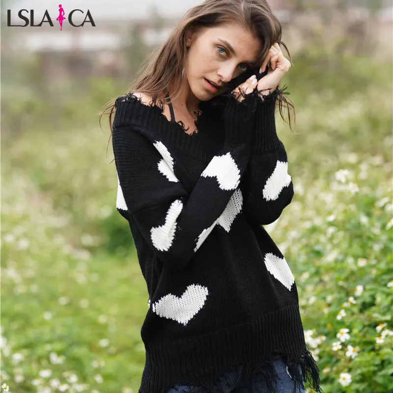 Элегантный темперамент свободный удобный однотонный любовь тянущийся свитер пуловер многоцветный джемпер свитер большой размер - Цвет: Black plus white