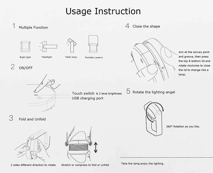 New Creative LED Multifunction Foldable Night Light Touch Dimmable Reading Camping Travel Portable USB Rechargeable Lantern Lamp