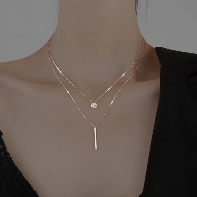 925 Sterling Silver Long Strip Flashing Diamond Round Double Necklace Ladies Clavicle Chain Exquisite Jewelry Party Wedding Acce - Image 4