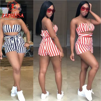 

Zpalisa Vertical Mini Stripes Summer Overalls Strapless Slashes Neck Hollow Out Belt Bandage Casual Streetwear Women Playsuit
