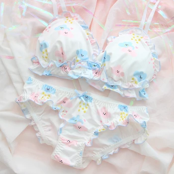 

Kawaii Japanese Underwear Set Lolita Sakura Girl Ruffled Women Fairy Cute Sexy Lingerie Intimates Push Up Bra and Panty Set