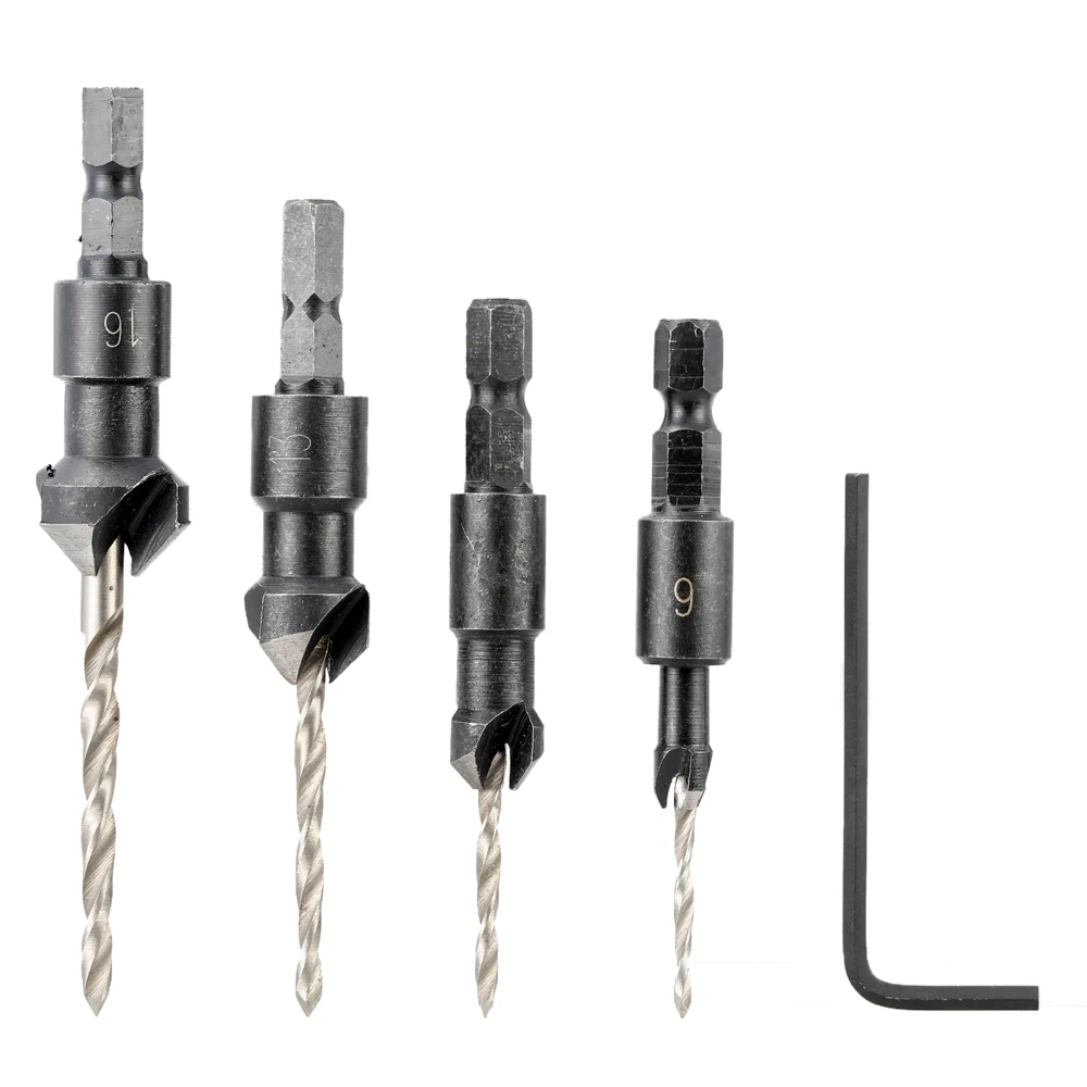 

4 Pcs/set Countersink Drill High Speed Steel Carbon Steel Counter Bore Woodworking Tool Bit Set with Quick Change Hex Shank
