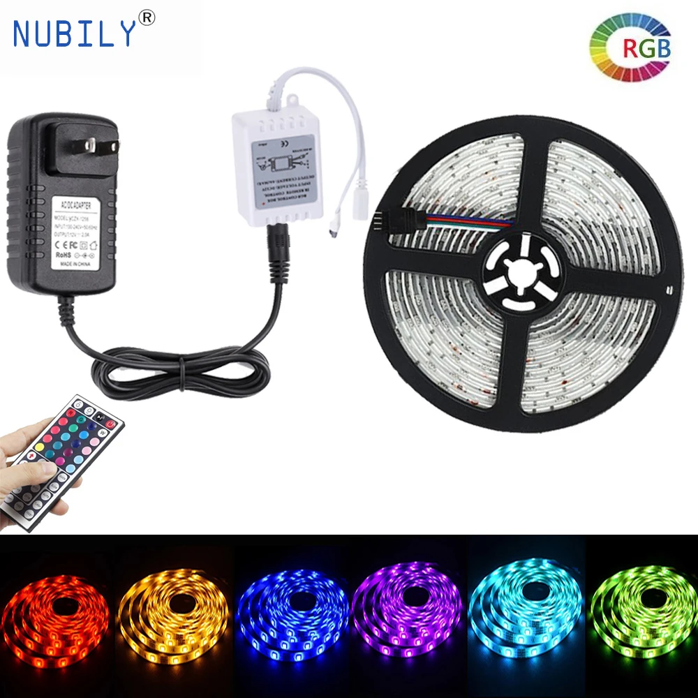 

NUBILY 10M 5050 LED Strip Lights RGB Waterproof 30LED/M 2M 5M LED Tape + 44Key IR Remote RGB Controller +AC/DC 12V Power Supply