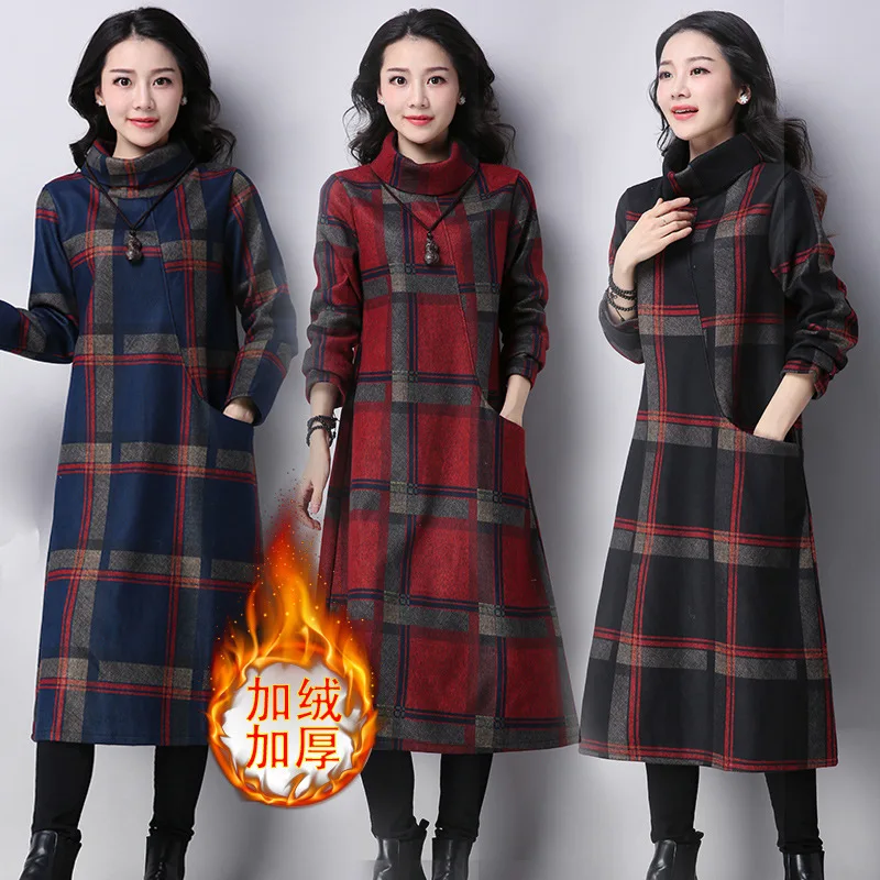 

Photo Shoot 2017 Autumn And Winter Long Skirts Retro Literature And Art Large Size Loose-Fit Brushed And Thick Base Dress