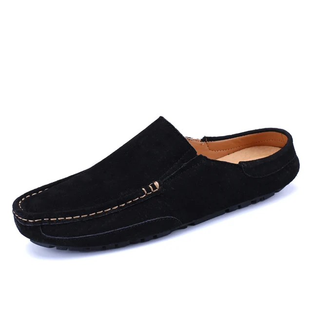 Man Summer Fashion Pig Skin Casual Half Shoe Male Breathable Soft Backless Half Loafers Hombre Open Back Leather Comfy Mocassins Black without holes