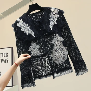 

2020 Spring Autumn New Lace Shirt Women Black Lace Blouse Girls Ladies White Lace Shirts Blouse Women Womens Tops and Blouses