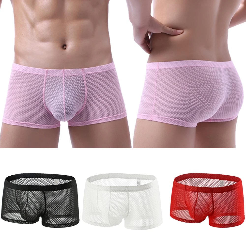 

Sexy Mesh Underwear Men Boxer Briefs Fishnet Panties Penis Pouch Underpants Sexy Cuecas Trunks Brand Solid Shorts Men Boxers XXL