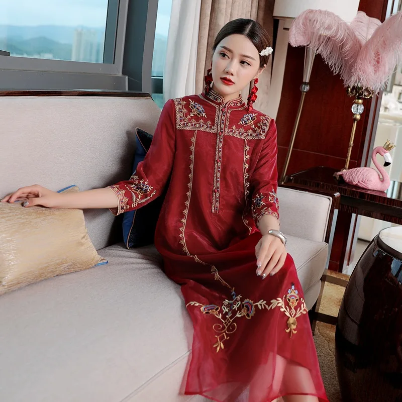 Шелк китайская леди 3d печать вечернее платье современное кружево Qipao