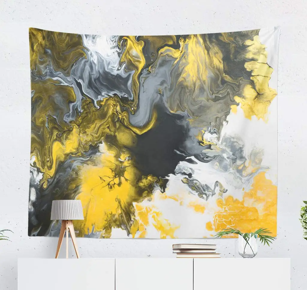 Grey and Yellow Art Decorative Tapestry Black White with Gold Marble Abstract Acrylic Wall Hanging | Дом и сад