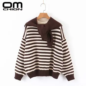 

OMCHION Hooded Korean Style Sweater 2019 Autumn Winter Long Sleeve Thick Knitted Striped Sweater Women Loose Bow Pullover LMY227