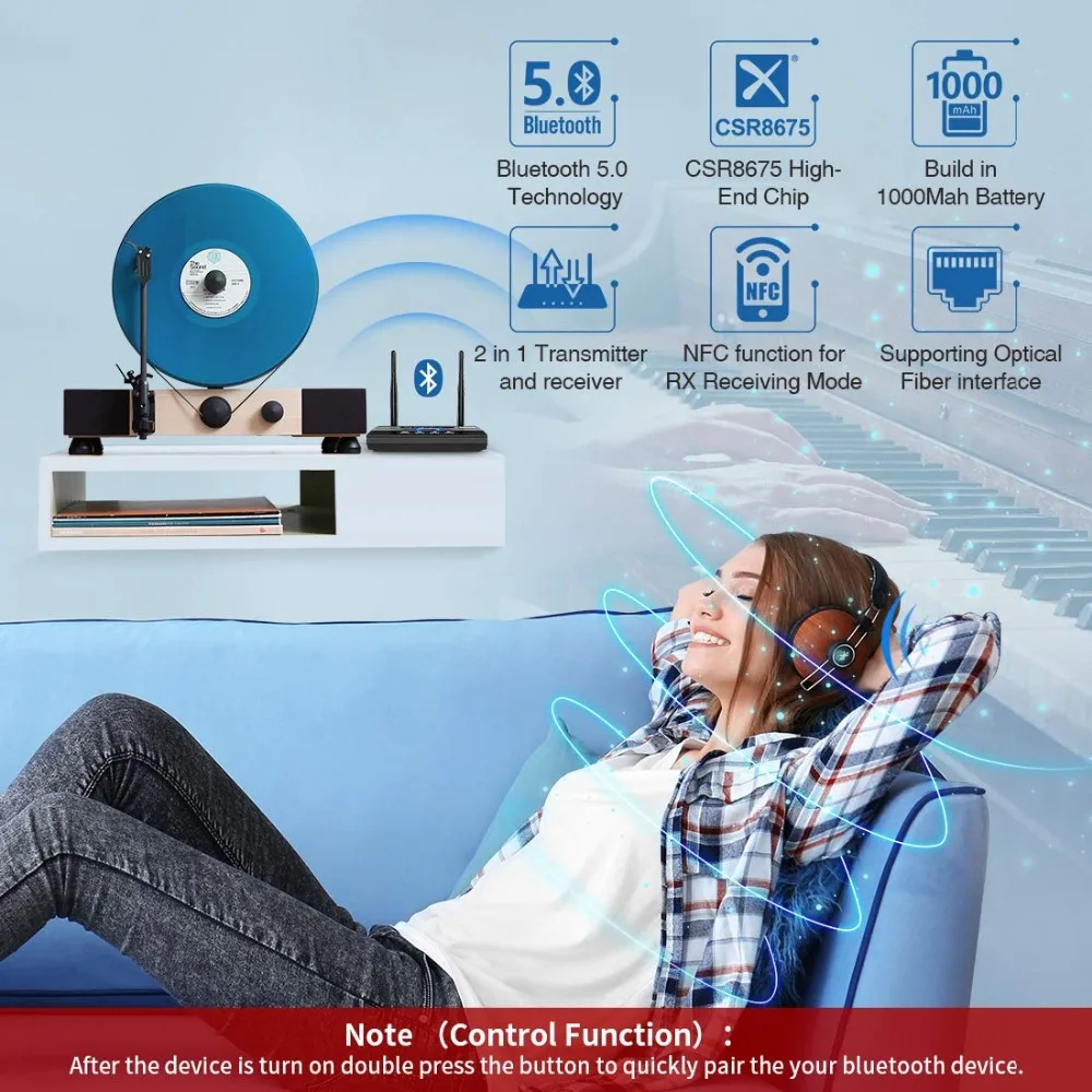 80M Aptx HD Low Latency Bluetooth 5.0 Audio Transmitter Receiver SPDIF 3.5mm AUX Jack RCA Wireless Adapter for Car TV PC Pair 2