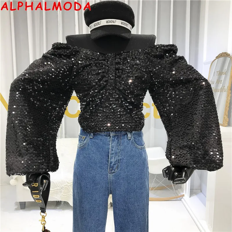 ALPHALMODA модная расшитая блестками футболка с длинными рукавами для тяжелой работы