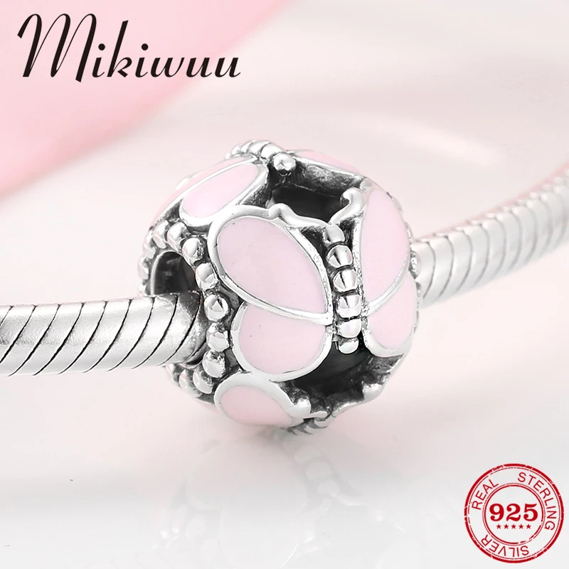 

925 Sterling Silver Round Butterfly group pink Enamel Beads for Women Fit Original Pandora Charm Bracelet Jewelry making