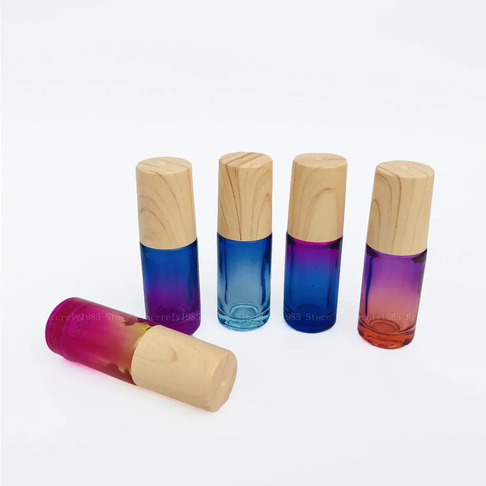 10PCS 5ML Gradient Color Glass Essential Oil Roller Bottle with Wood Grain Cover Perfume Aromatherapy Metal Roller Ball diy crystal silicone mold cylinder lotion bottle aromatherapy perfume silicone mould for resin making