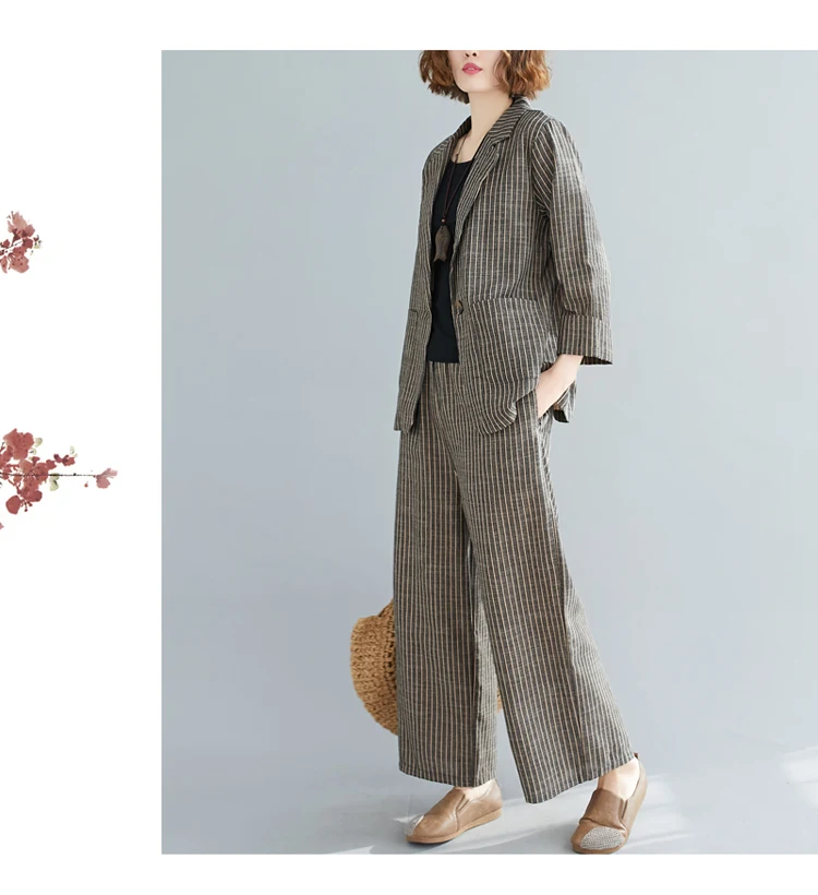 Spring summer new style literary leisure cotton linen striped one-button small suit wide-leg pants temperament fashion set women plus size pant suits