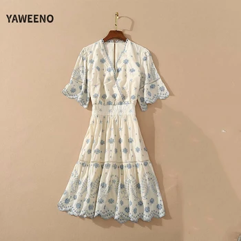 

Yaweeno 2020 Runway Fashion High End Flower Embroidery Luxury Party Summer Dresses Women Sexy V-Neck Elastic Waist Midi Dress