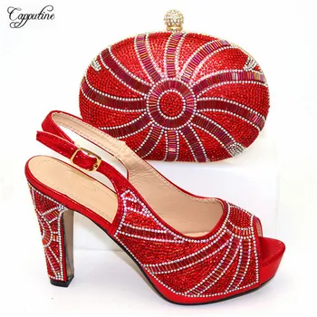 

Most poprlar red high heel evening party shoes and clutch bag set with stones CR177, heel height 12cm