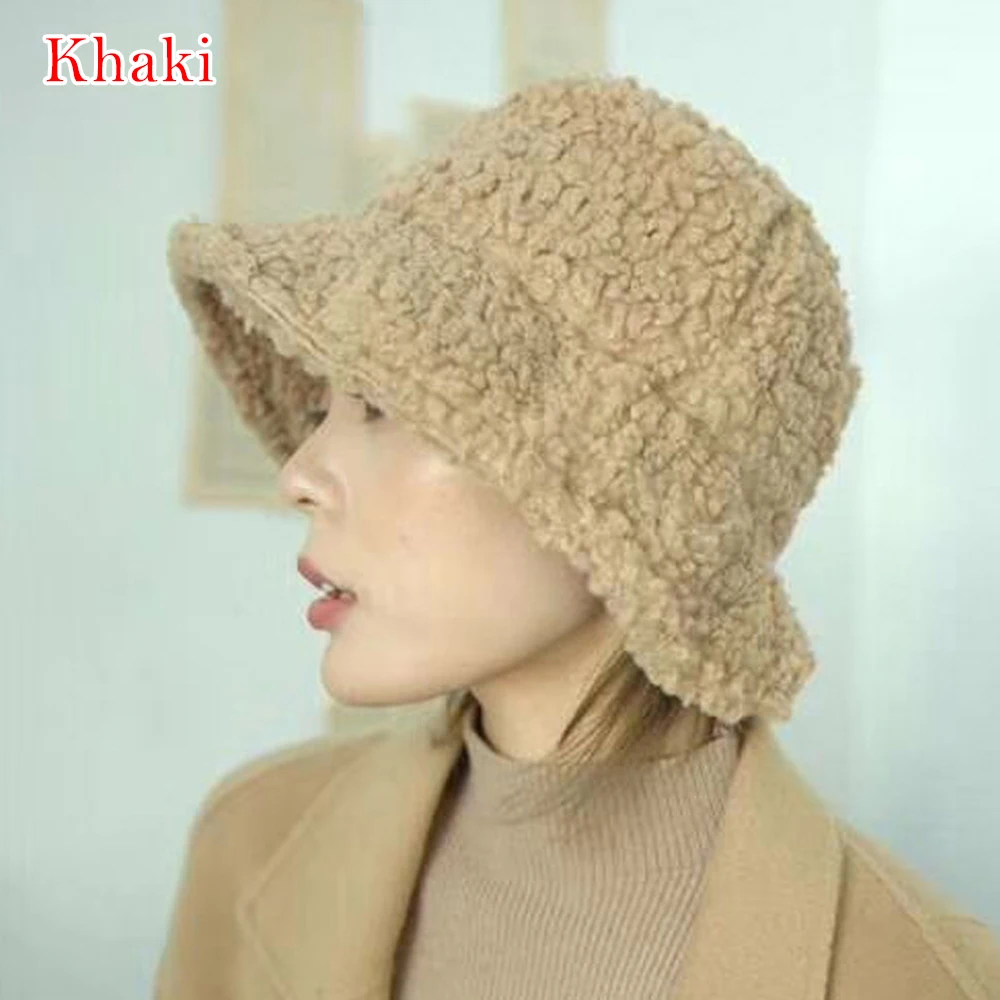 Зимняя шапка-ведро из искусственного меха для женщин и девушек, модная однотонная утолщенная мягкая теплая шапка для рыбалки, плюшевая пушистая - Цвет: B