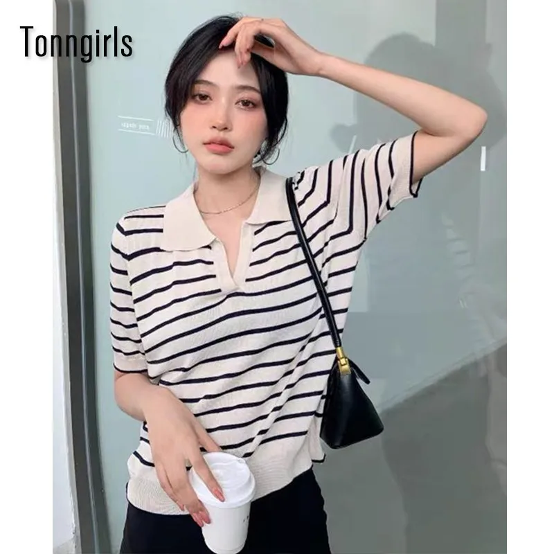 

Tonngirls Summer Korean Style Polo Shirt Short Sleeve Striped Turn-down Collar T Shirts Women Knitted Vintage Tshirt Japanese