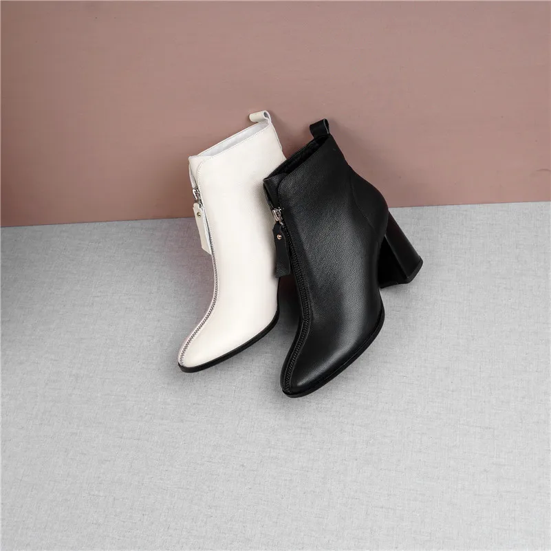 ANNYMOLI Winter Ankle Boots Women Natural Genuine Leather Thick High Heel Short Boots Cow Leather Zipper Shoes Lady Autumn 34-39