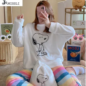 

JRMISSLI Women Winter Print Cartoon Pyjama Sleepwear Full Sleeve Flannel Woman's Pajamas Girls Home Clothing