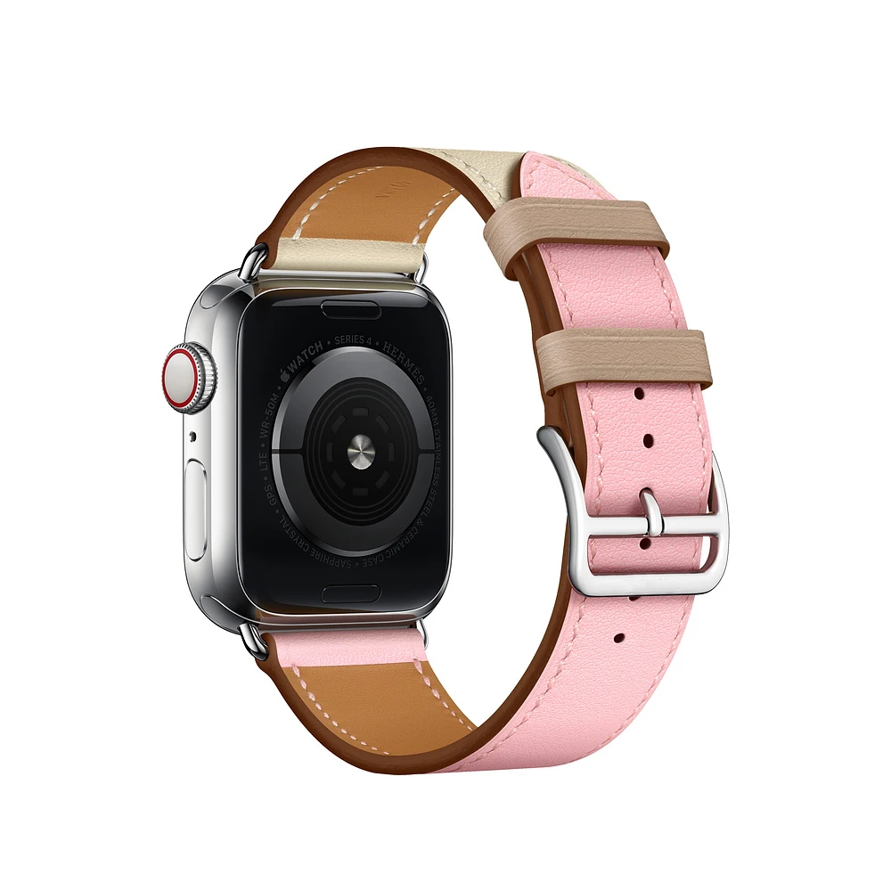 Для Apple Watch Series 5 4 3 2 1 44/40/42/38 мм подолом логотип на застежка из кожи Swift двойной один за туром ремешок для наручных часов iWatch - Цвет ремешка: Rose Sakura Craie