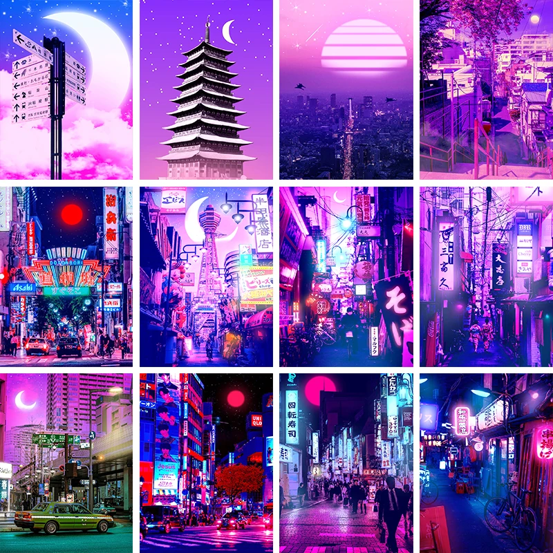 

City Neon Night Poster 80s Vaporwave Style City Street Taxi Painting Wall Art Home Decoration Kawaii Room Decor Canvas Poster