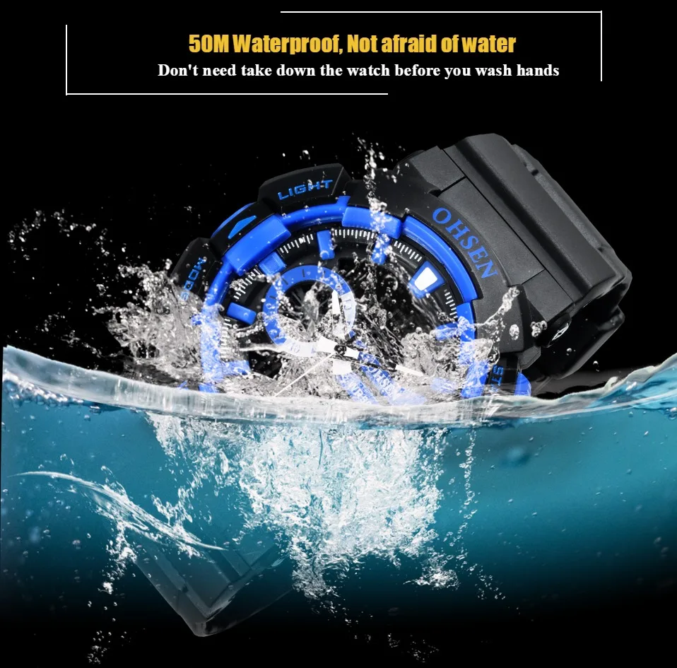 Мужские наручные часы OHSEN модные кварцевые с оранжевым ЖК дисплеем и датой