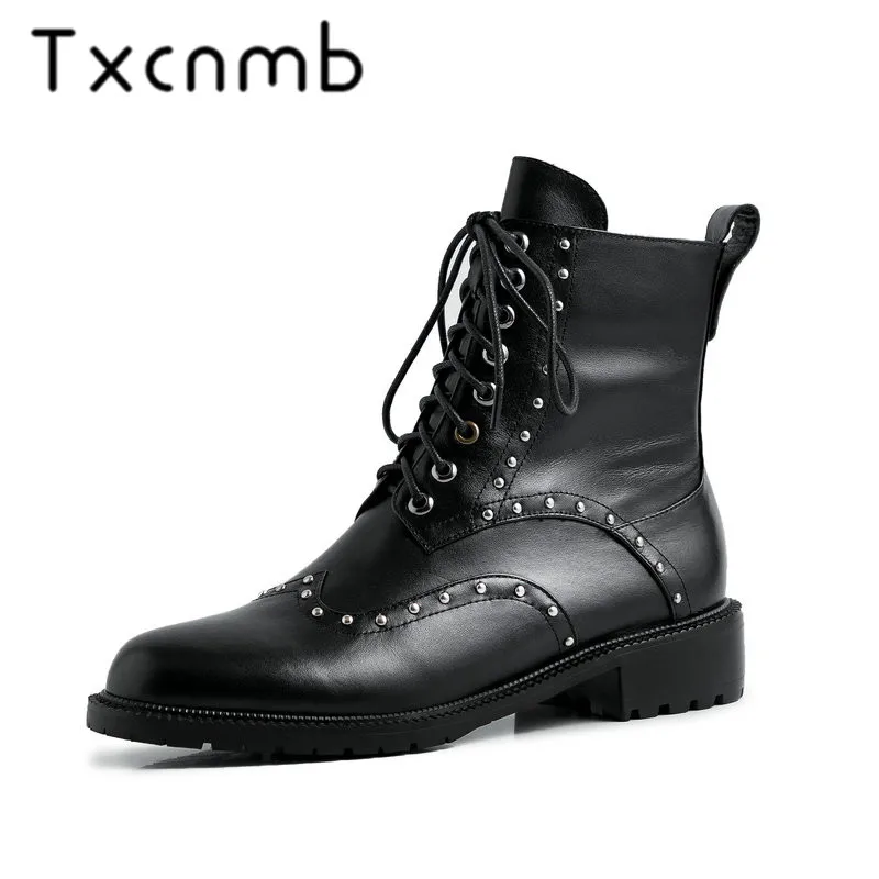

TXCNMB Quality Genuine Leather Cross Tied Short Basic Boots Zipper Women Ankle Boots Round Toe High Heels Party Shoes Woman