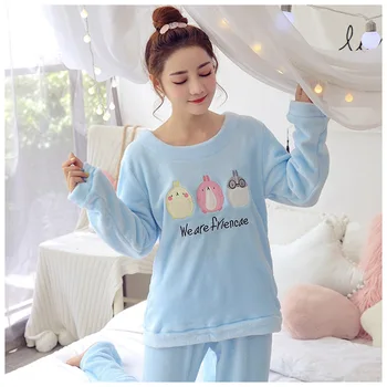 

Winter Flannel Female Nightwear Pajamas Set Home Clothing Cute Cartoon Sleepwear Pyjamas Suit Casual Soft 2PCS Shirt&pant Homewear