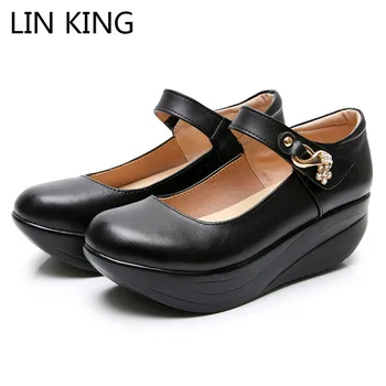 

LIN KING Big Size New Black Women Pumps Genuine Leather Lady Platform Shoes Wedges Height Increase Shoes Round Toe Mother Pumps