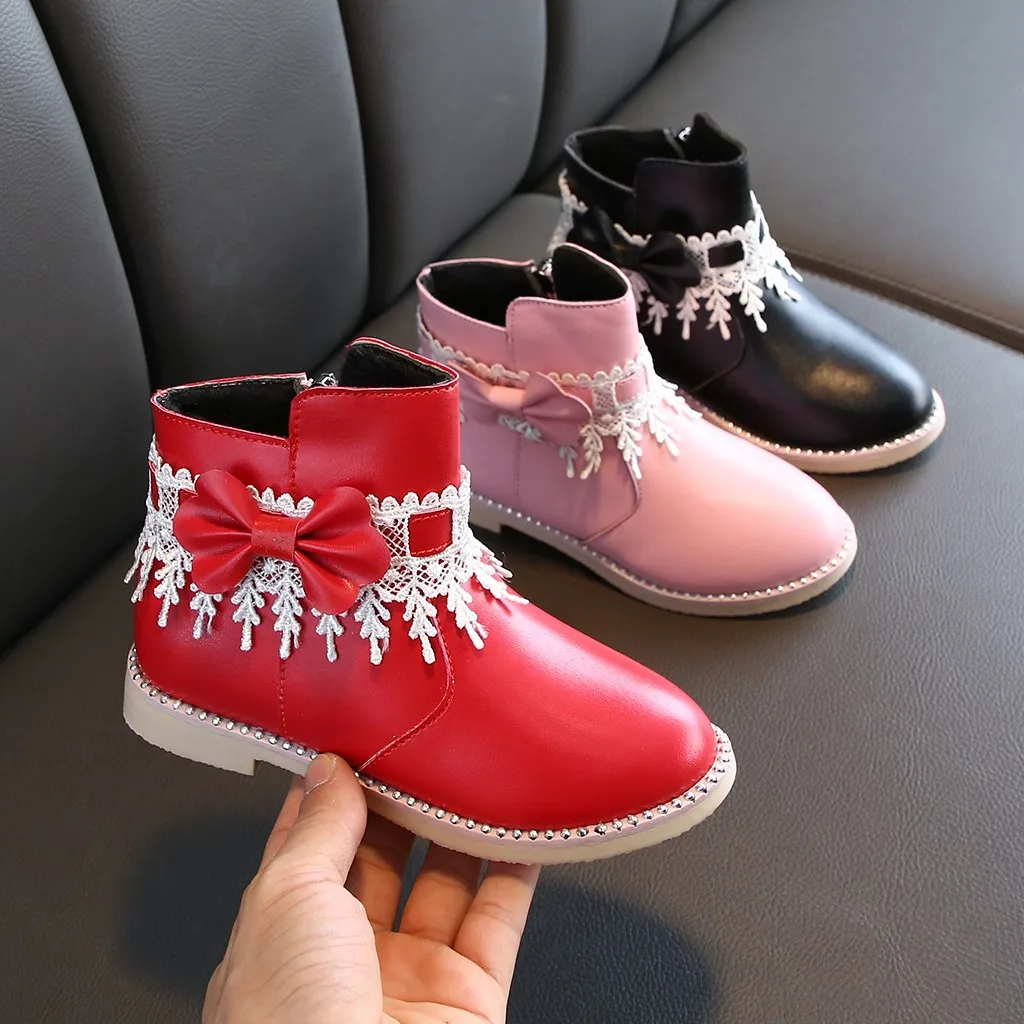 Детская обувь для девочек кожаные сапоги для маленьких девочек; короткие сапоги принцессы на молнии с кружевным бантом; зимние сапоги; непромокаемые детские сапоги;#3