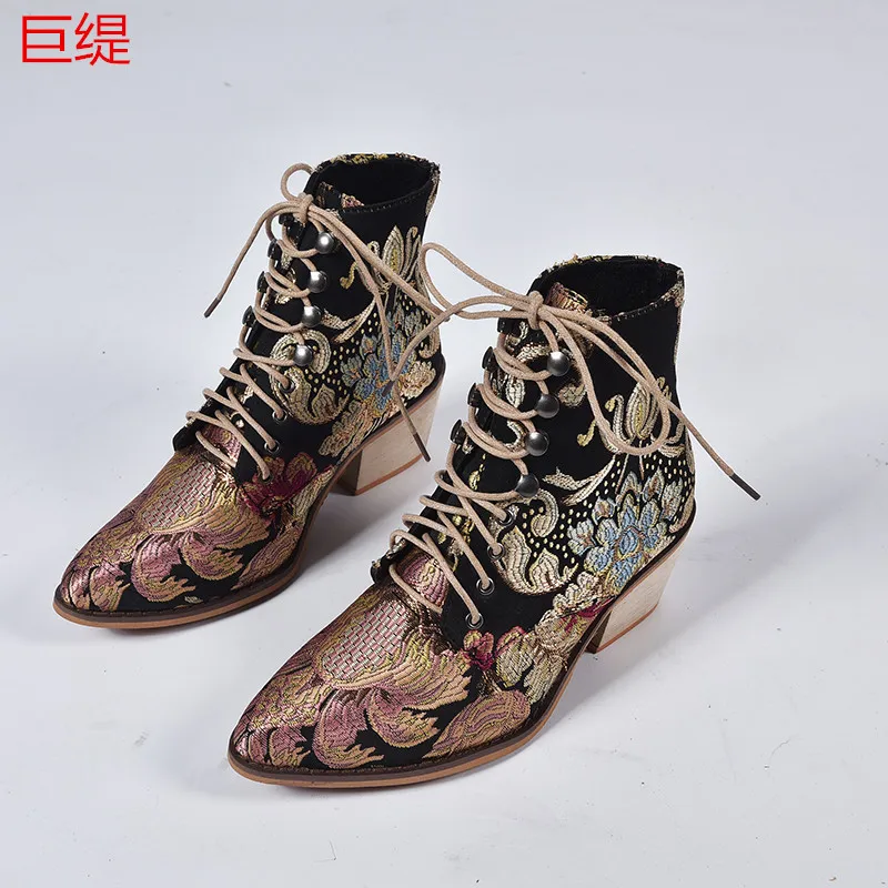 

Women Luxury Silk Boots Martin Ankle Boots New Autumn Winter Embroider Womens Motorcycle Boots Lace Up Shoes Woman