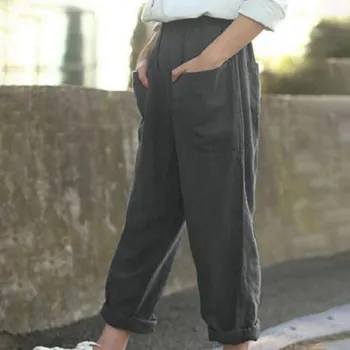 

Pants Loose Elegant Women Cotton Linen Harem Pants Elastic Waist Work Trouser With Pockets Solid Color Casual Pants