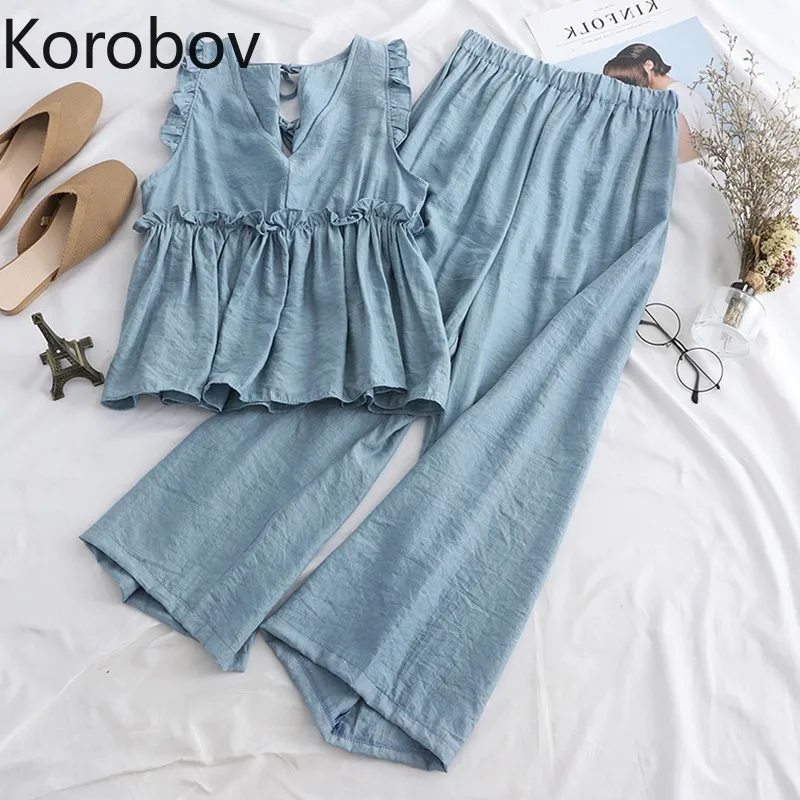 Korobov 2019 свободные повседневные одноцветные женские костюмы без рукавов блузка и
