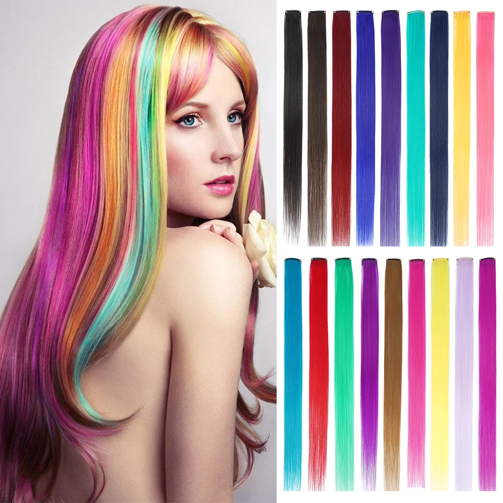 Silky 20 Inch Synthetic Strands Of Hair On Hairpins Long Straight Extension Colorful Clip Girl Natural Rainbow | Шиньоны и парики