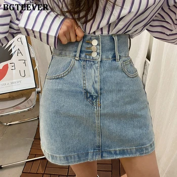 

BGTEEVER Casual High Waist Women Denim Skirt Singke-breasted Pockets Female Jeans Skirts Spring Summer Ladies Mini Skirts 2020