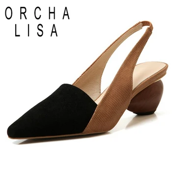 

ORCHA LISA 2020 Female Summer Heeled Sandals Square Toe 6cm Strange Heels SheepSkin Slip on Big size 34-43 Leisure Party B1892