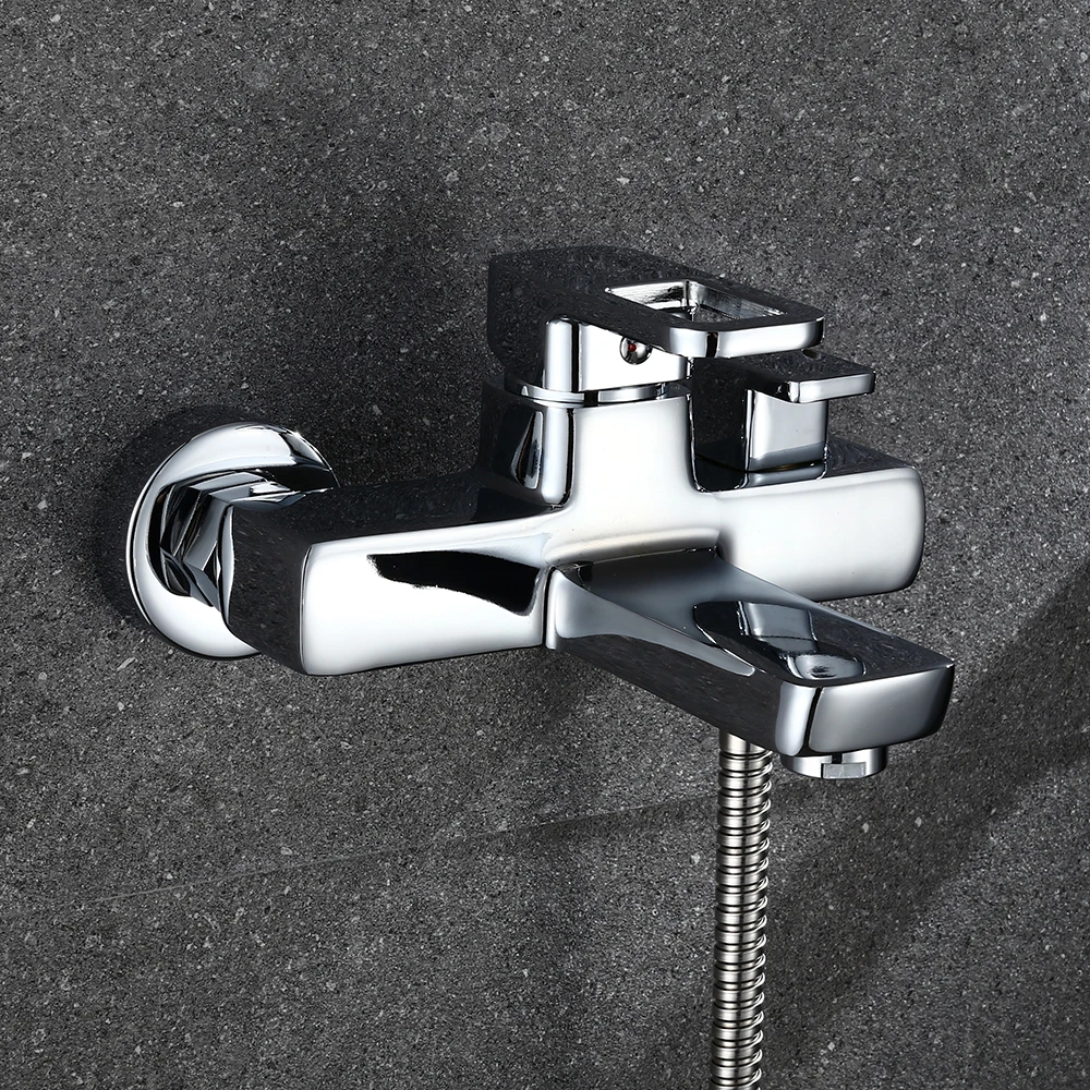 Wall Mounted Square Shower Faucet Bathroom Cold & Hot Water Mixer Bathtub Double Outlet Water Tap