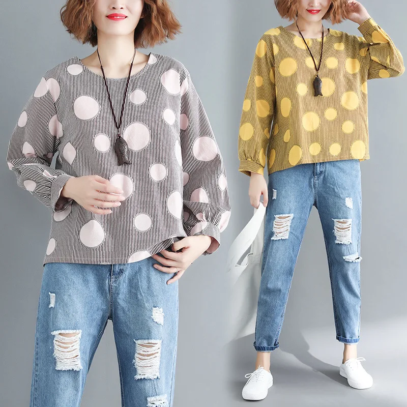 Best Price Fotoshoot 2018 Vroege Herfst Nieuwe Stijl Literatuur En Kunst Bladerdeeg Mouw Losse En Plus-Sized Blouses Vet Mm lange Mouwen T-shirt